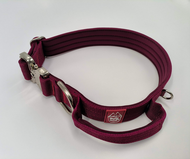 Bully Wags Tactical Dog Collar with Handle – Cherry Wine 1.5”