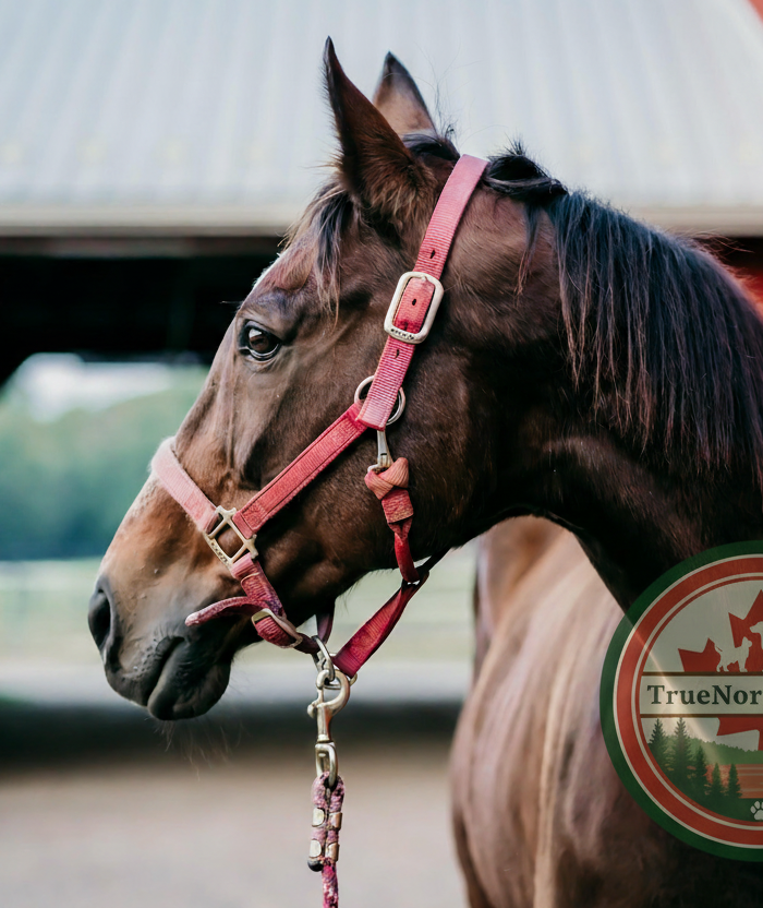 Horse with TrueNorthPet.ca logo overlay